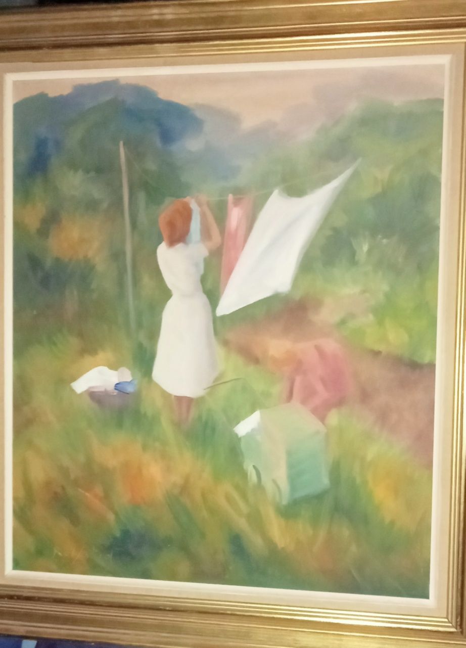 Stary obraz olejny Socrealizm Sygnatura artysty Kobieta z praniem XXw.