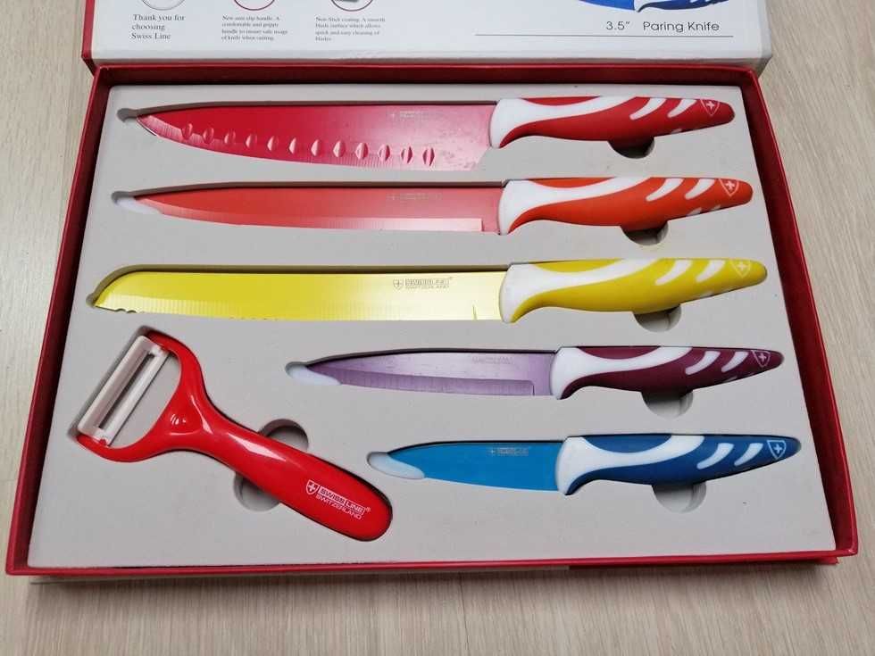 Zestaw szwajcarskich noży kuchennych Swiss. Kolorowe z obieraczką.