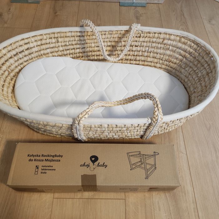 Kosz Mojżesza kołyska wiklina ahoj baby jak nowy, materac
