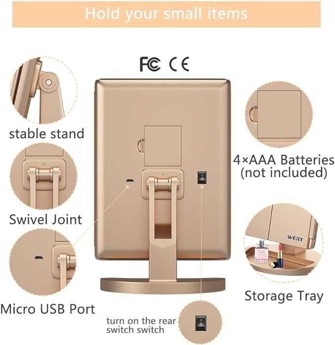 WEILY Lusterko do makijażu z powiększeniem 1x, 2x i 3x, z diodami LED