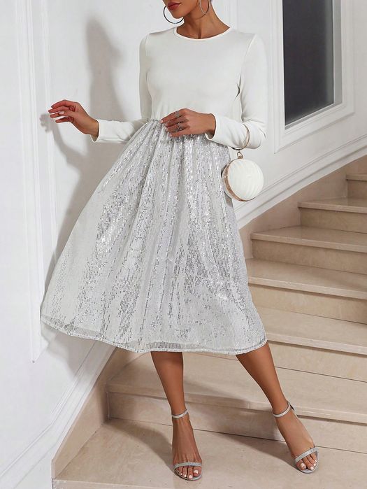 Sukienka Imprezowa Rozkloszowana Midi Cekinowa Srebrna Shein L 40