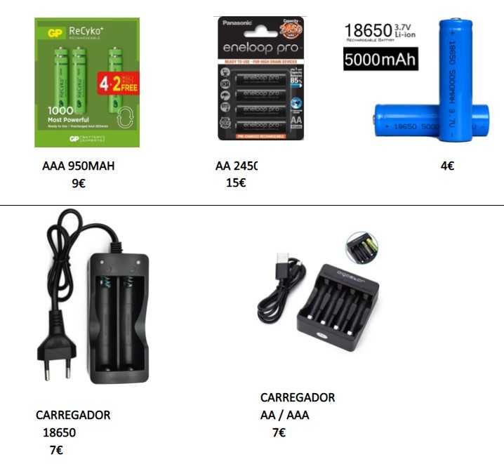 Pilhas Alcalinas e recarregáveis / carregadores AA AAA C D 9V 18650