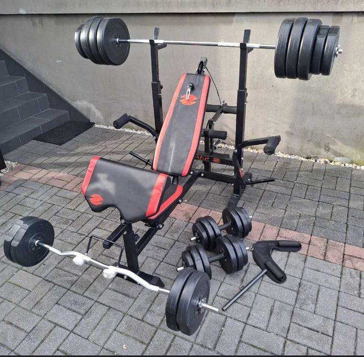 Siłownia 80kg obciążenia, zestaw ławka gryfy, modlitewnik