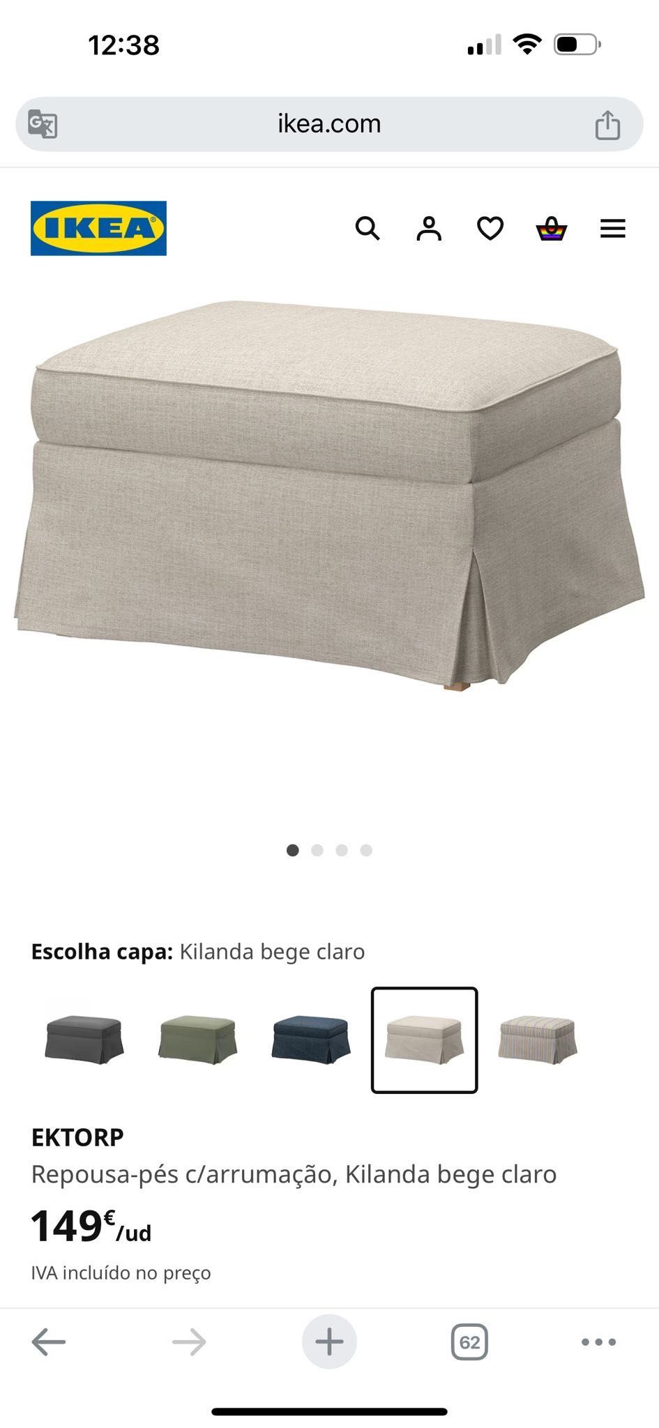Sofá, tres lugares, EKTORP IKEA, e pufe.