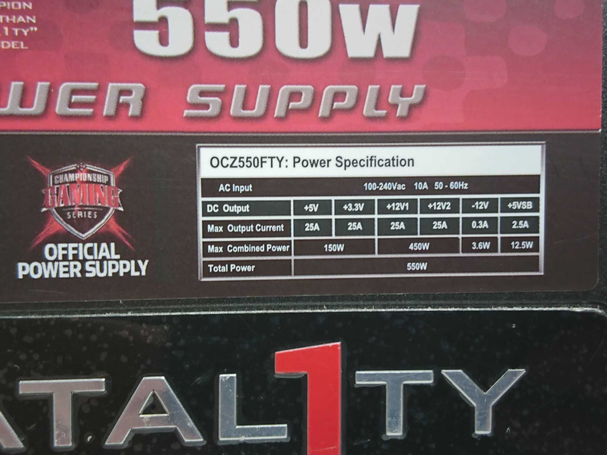БЖ OCZ Fatality Gaming 550W, PCI-E 6pin,A-PFC,80 PLUS,пломба,підсвітка