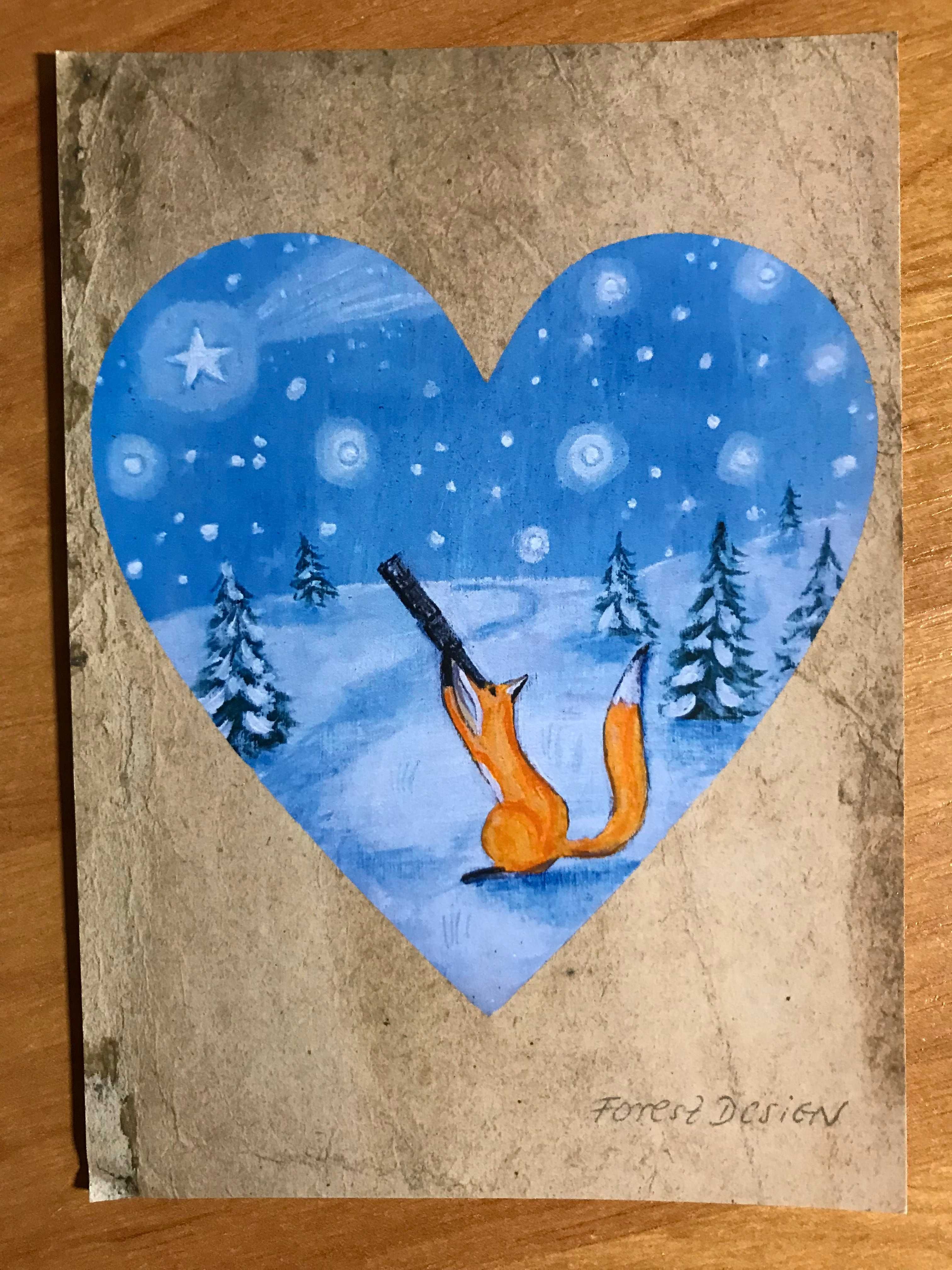 Pocztówka Forest Design Lisek Lis Heart Zima postcard
