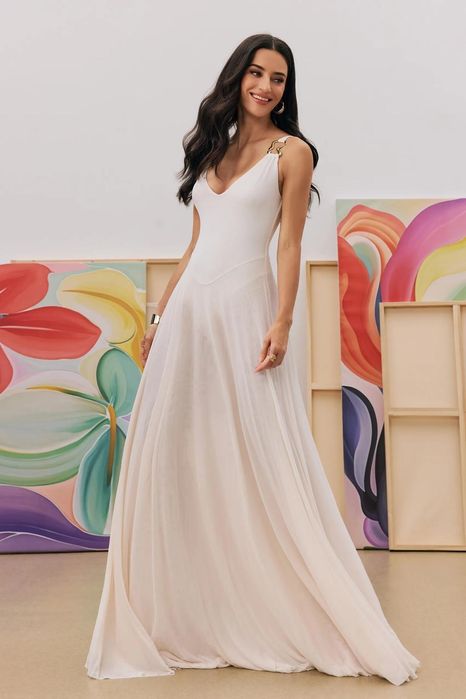 Vestido longo Julie com decote profundo , marca Sunfere