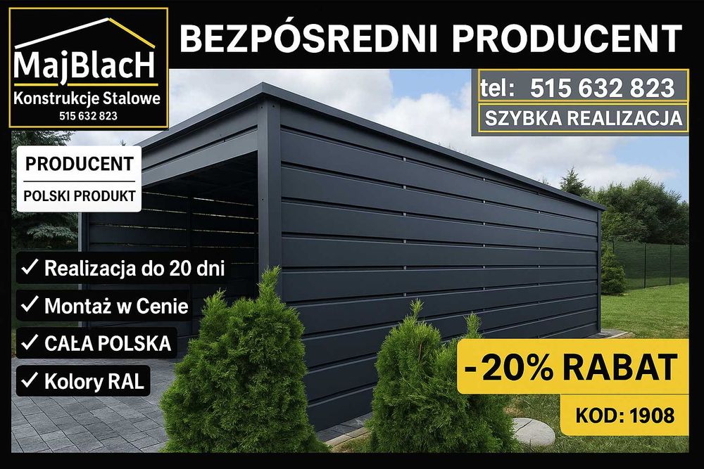 Jednospadowy Garaż Blaszany |Altana na Samochód  |WIATA – Maj-Blach