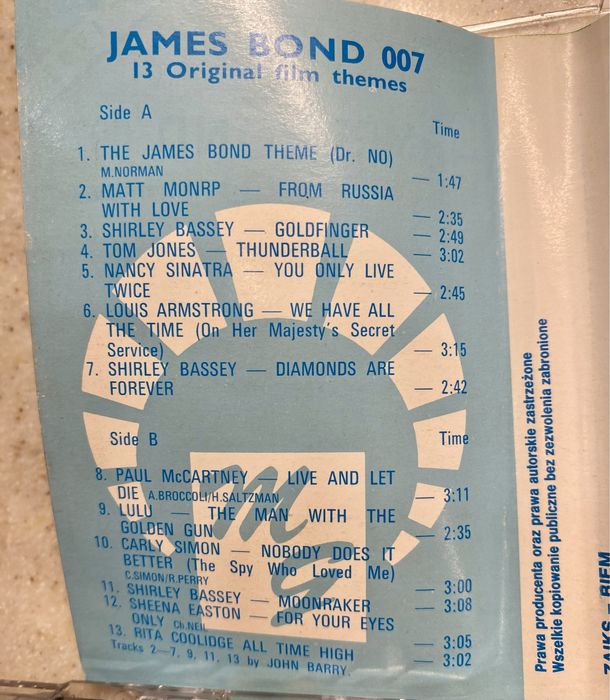 James Bond 007 kaseta z muzyką z 13 filmow 1992r. Prezent Dzień Ojca