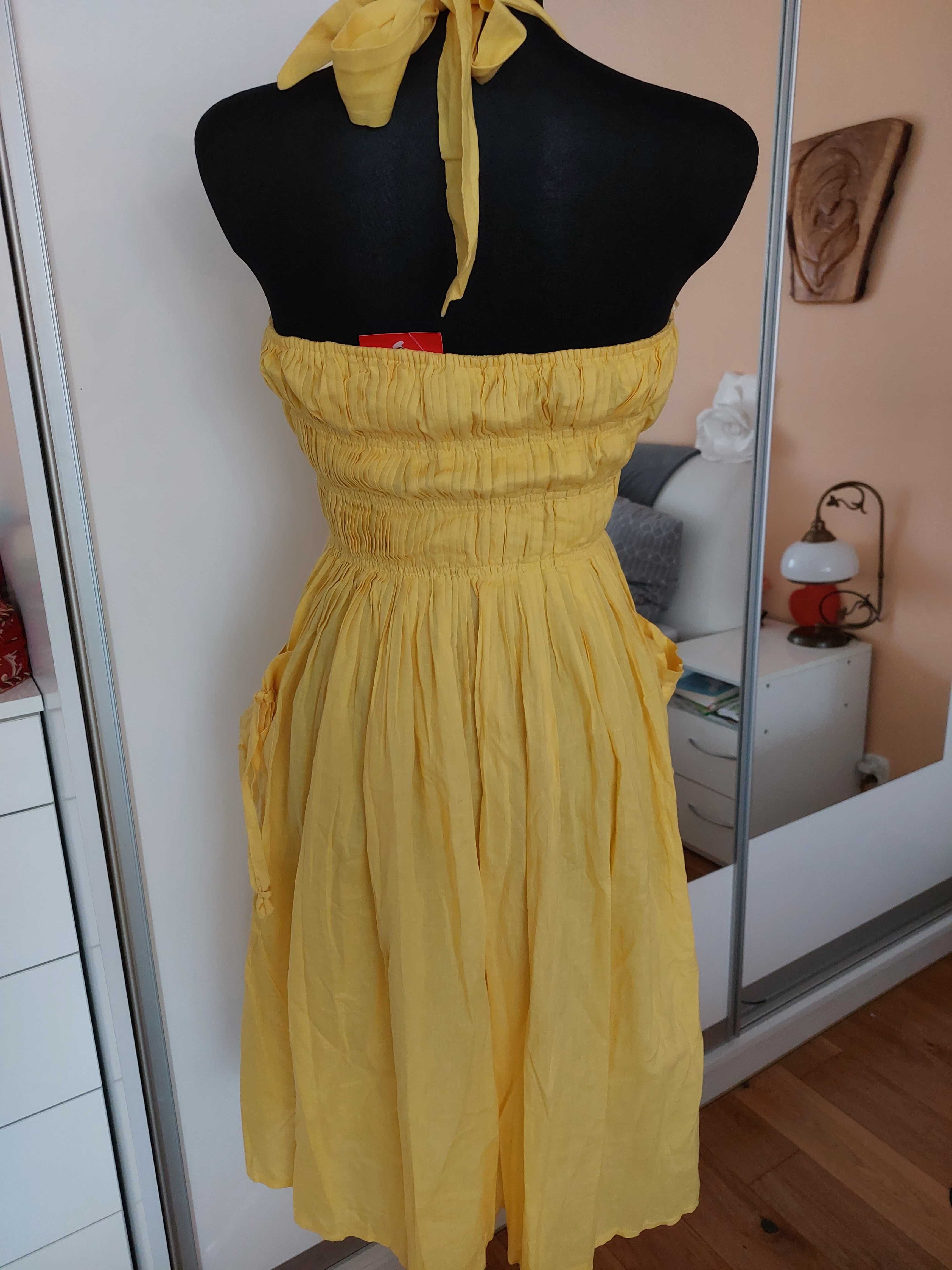 Sukienka nowa żółta na lato m l xl odcinana na szyję neon podszewka