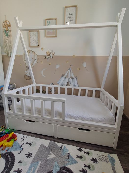 Łóżko dla dziecka Tipi jak domek drewniane sosna handmade z materacem