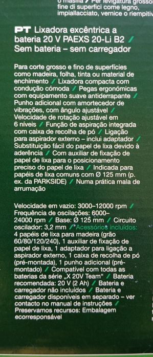 Lixadora excêntrica a bateria 20v Parkside