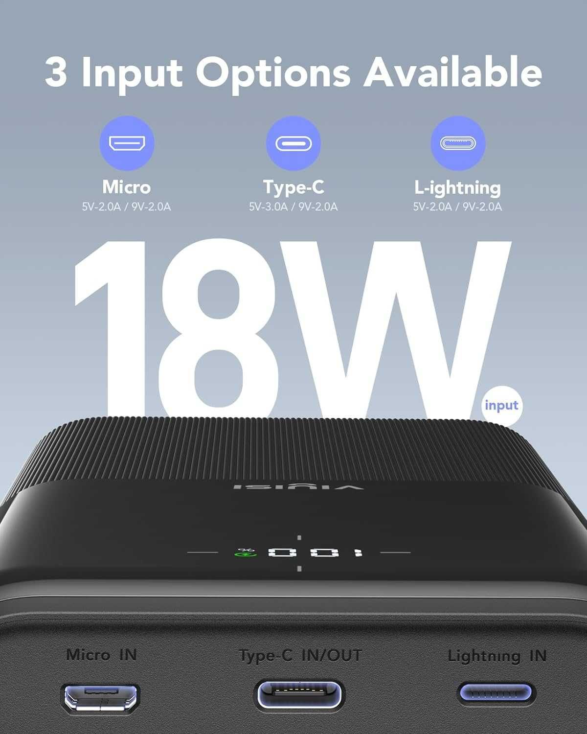 VIYISI Power Bank 30000 mAh, 22,5 W PD QC 3.0, com 3 entradas-4 saídas
