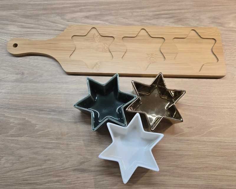 Patera bambusowy deseczka i 3 porcelanowe miseczki wkształcie gwiazdek