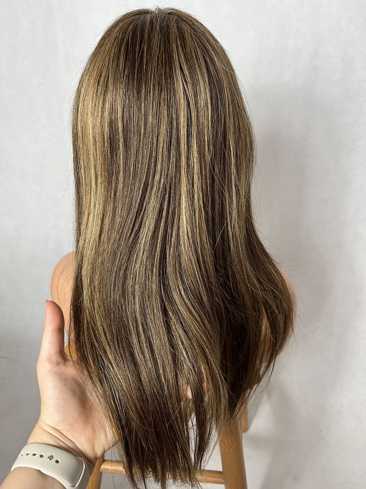 Ekstra jakościowo bardzo długa peruka brąz balejaż włosy naturalne