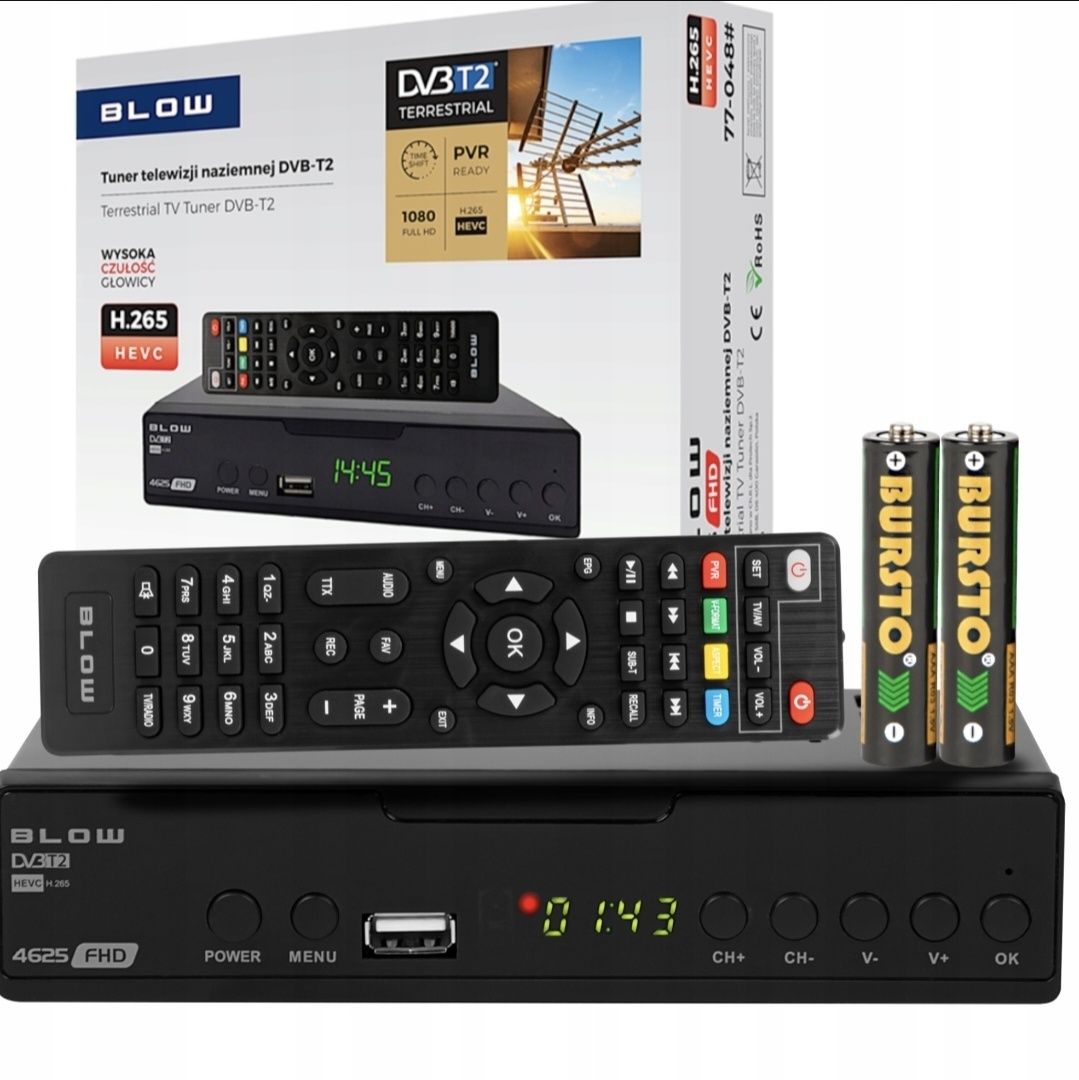 Dekoder DVB-T2 TV naziemnej H.265 HEVC FULL HD  HDMI pilot batterie