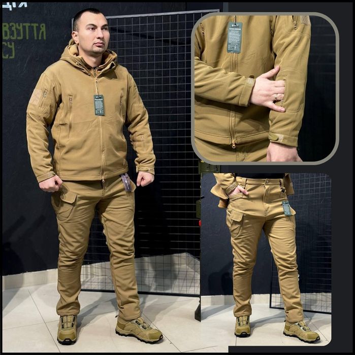 Костюм на флисе софтшел черный, куртка и штаны военная форма Львов.