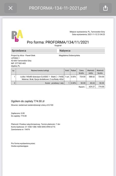 Łóżko dziecięce 80x140 z szufladą + materac