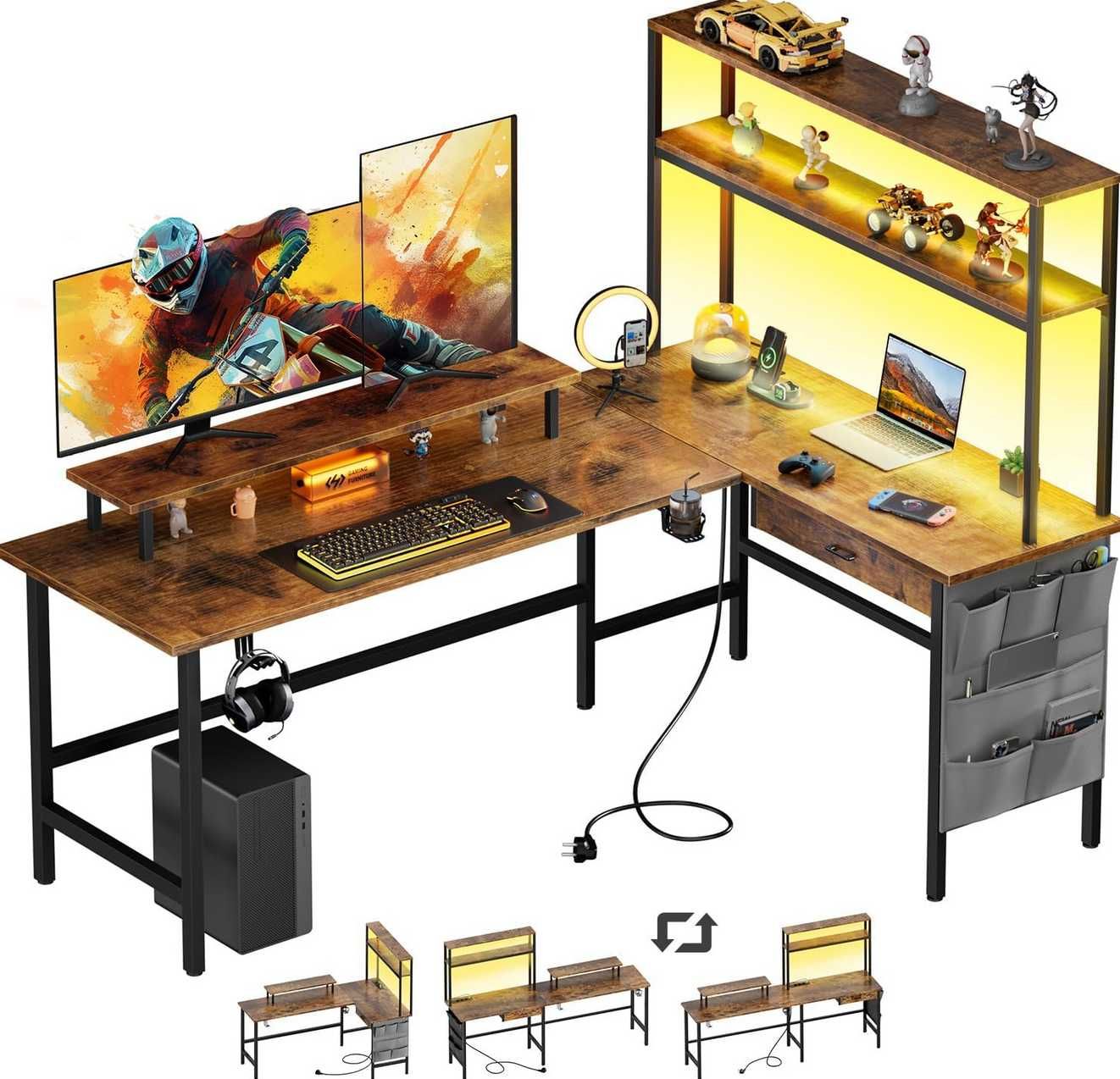 Secretária Gamer com Estante, Luzes RGB e Suporte Monitor