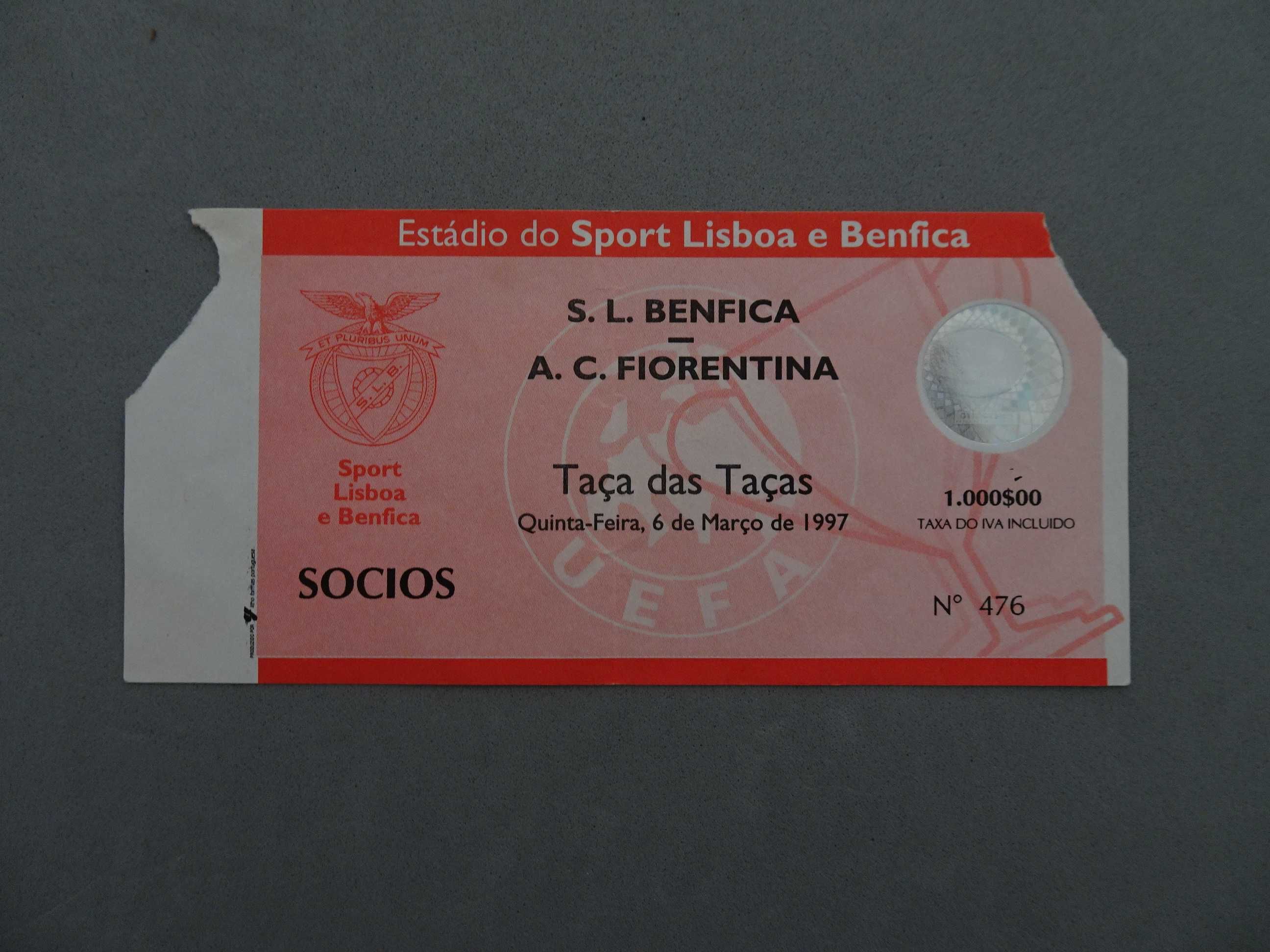Bilhete futebol Benfica Fiorentina Taça das Taças 1997
