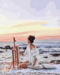 Obraz Morze kobieta ze sztalugą akryl 50x40