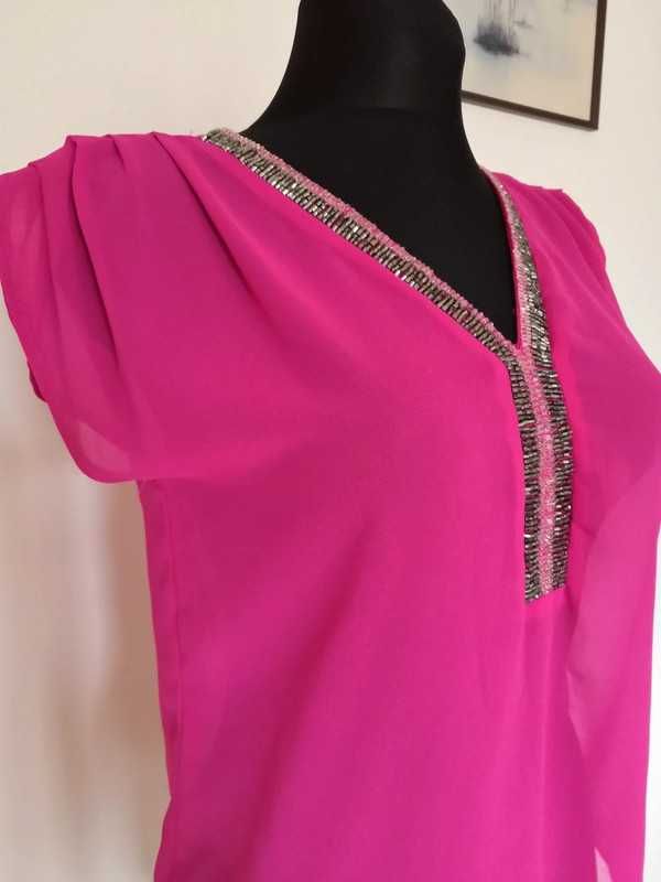 Różowa bluzka koszula mgiełka cienka elegancka koraliki dekolt serek