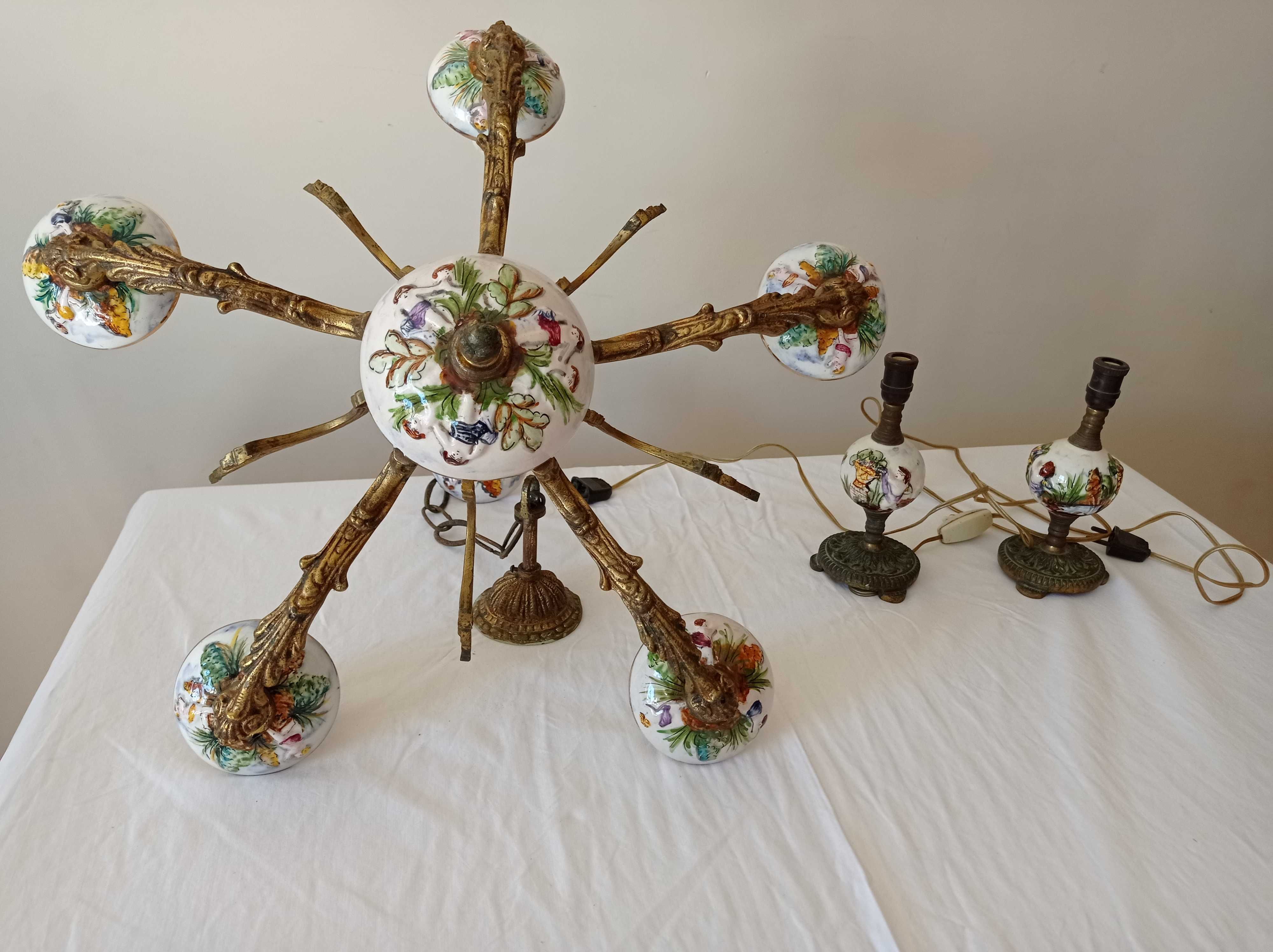 Conjunto de candeeiros de cabeceira e teto em porcelana (antigos)