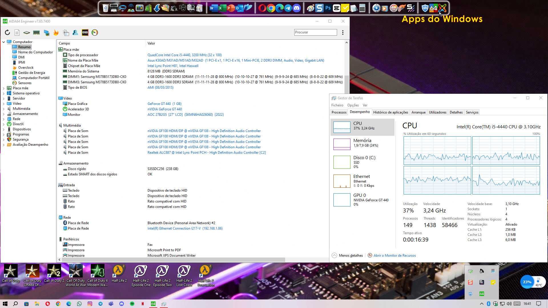 Torre ASUS Core i5-4440 + monitor de 27" e colunas Logitech 2.1.