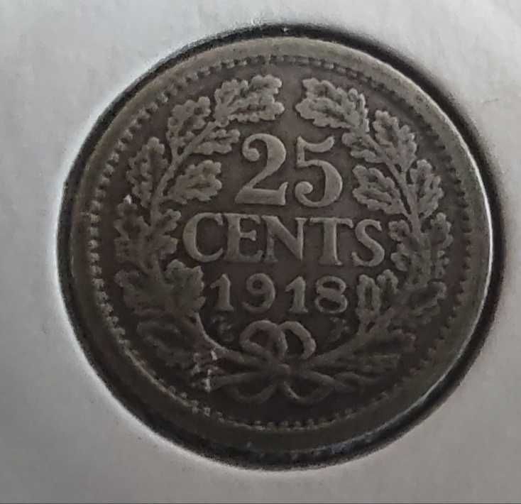 Moneta srebrna Holandia 25 centów cents 1918 rok ładna srebro ag