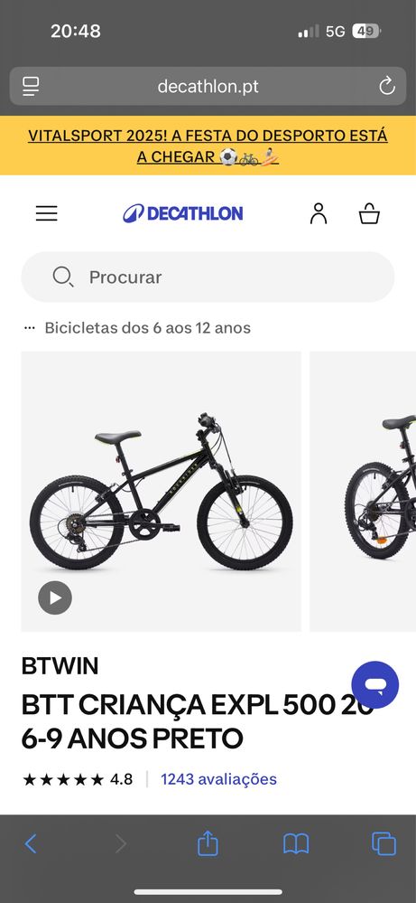 Bicicleta Criança BTWin 9-12 anos 20”