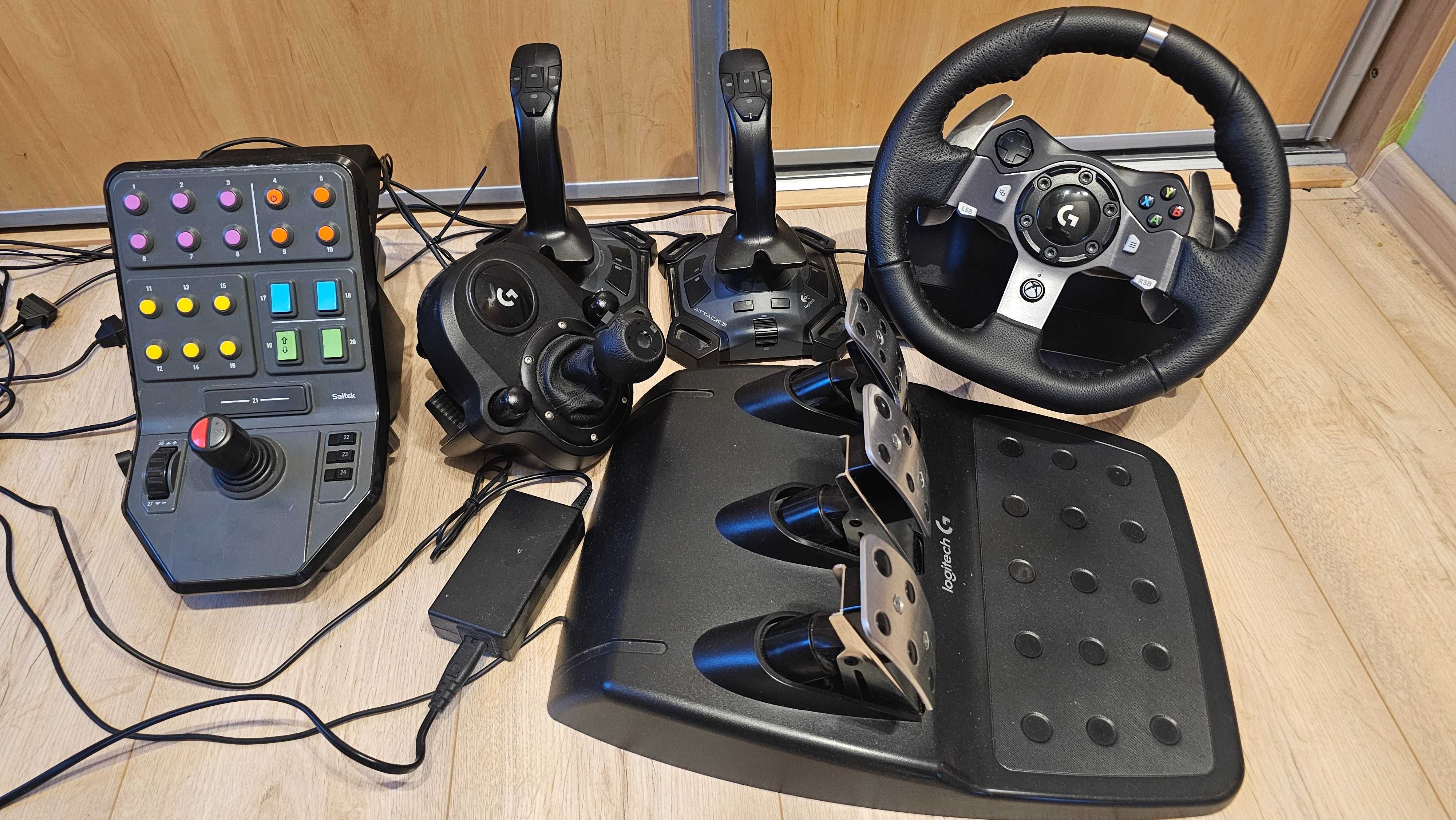 Logitechg920+shifter+saitek farmsim panel+logitech attack3x2szt.