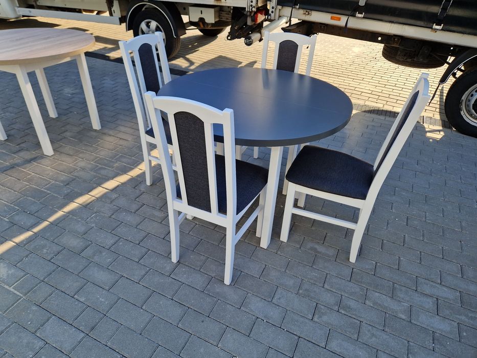 Nowe: Stół okrągły + 4 krzesła, bialy/grafit + grafit , dostawa PL