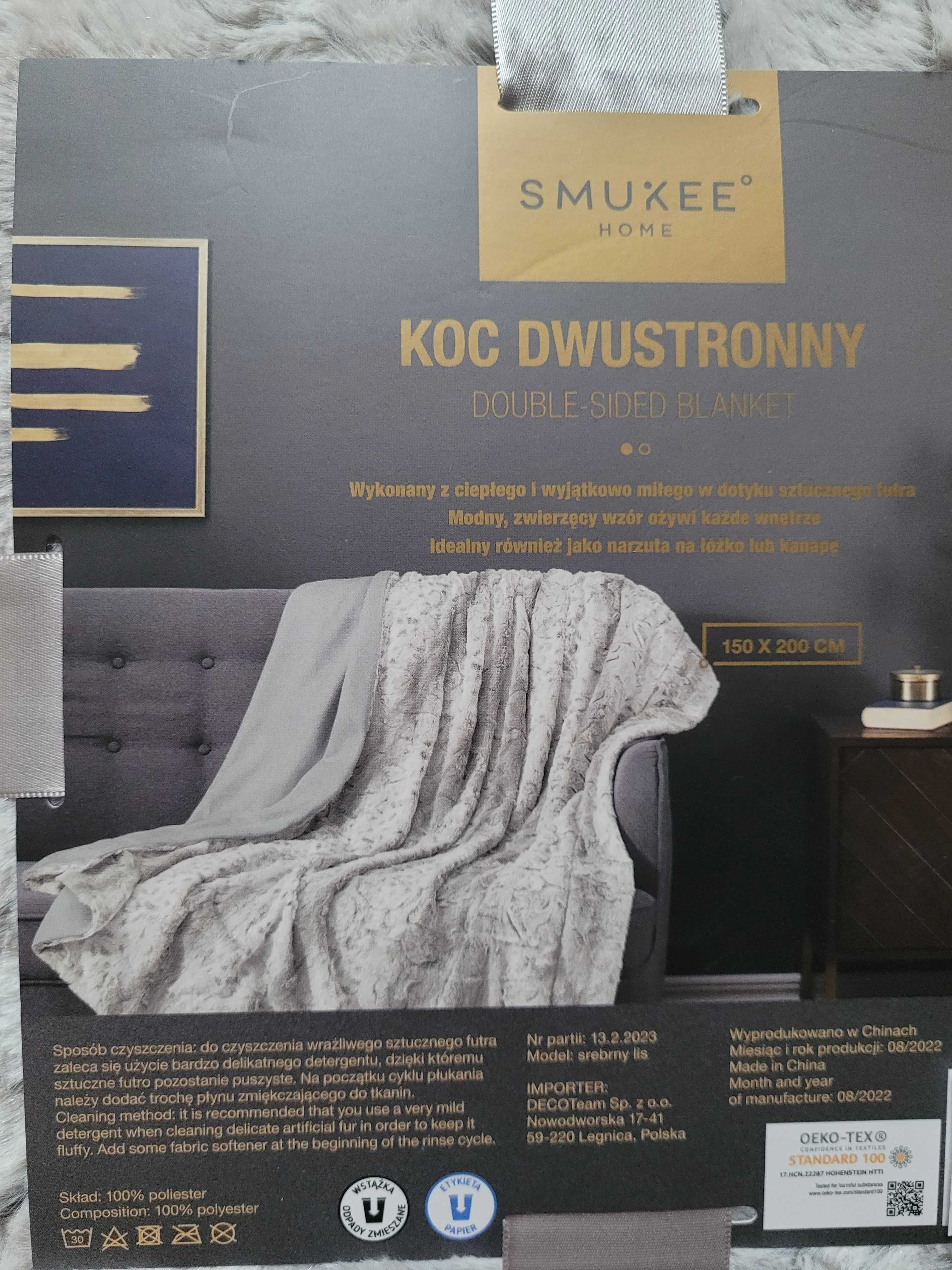 NOWY koc dwustronny Smukee z futerkiem futro futrzany miły srebrny lis