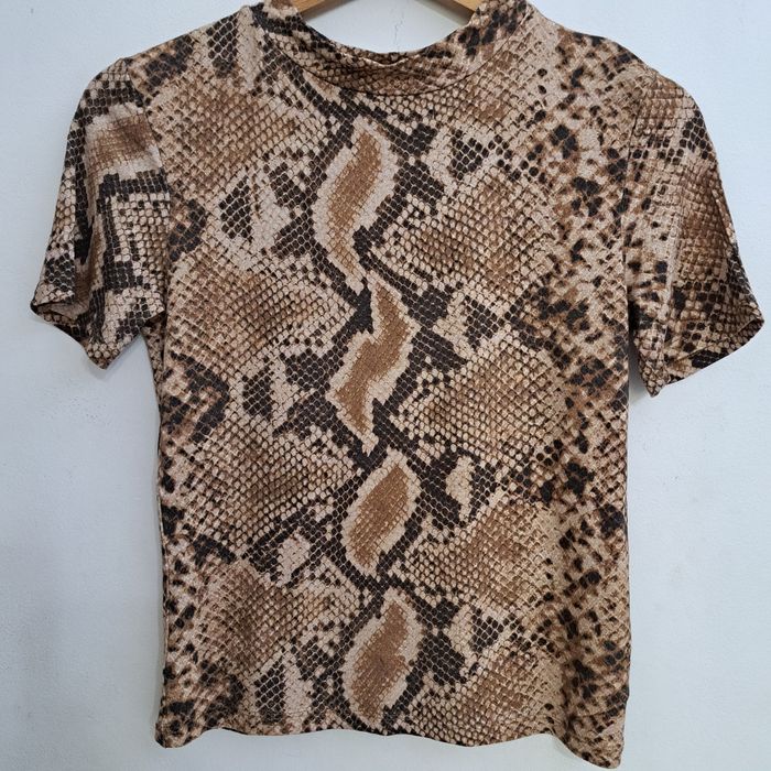 36 S t-shirt bluzka zwierzęcy print wąż brąz bawełna