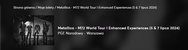 2 bilety koncert Metallica Warszawa 5 i 7 lipca 2024 - pakiet „One”