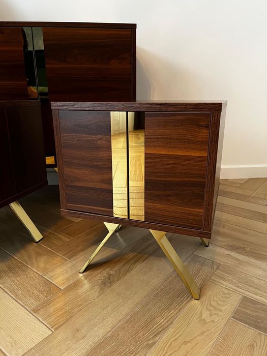 Komoda + 2 szafki nocne, nowoczesny design, drewno + złote detale