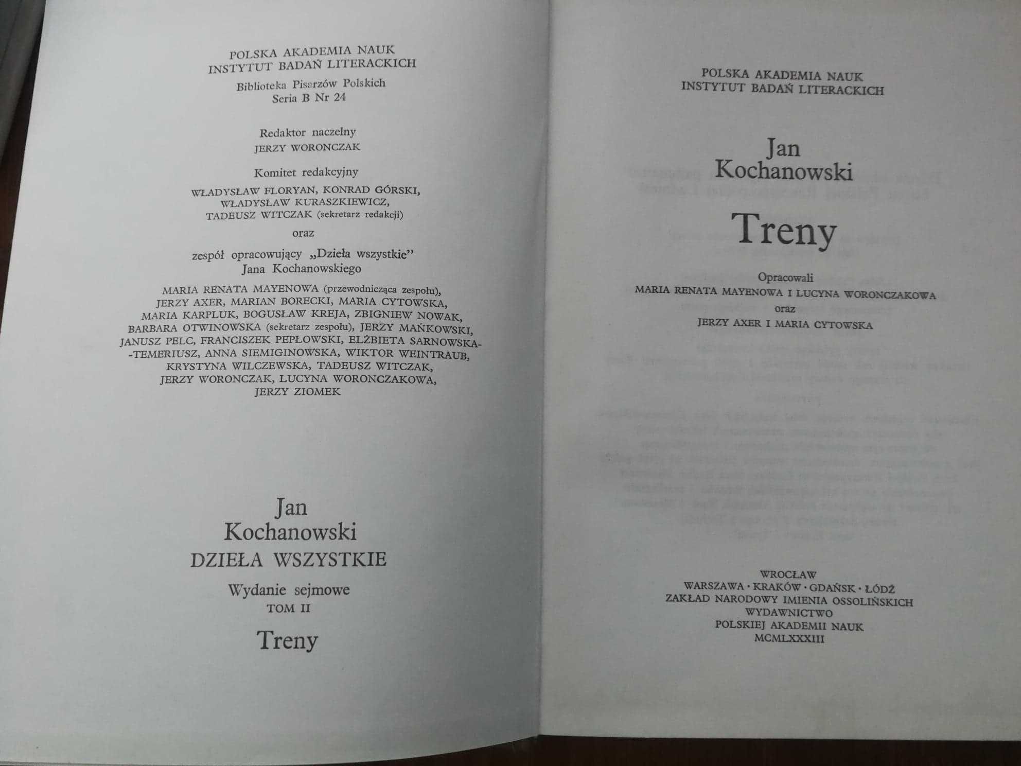 Kochanowski Dzieła wszystkie Treny t. II Ossolineum