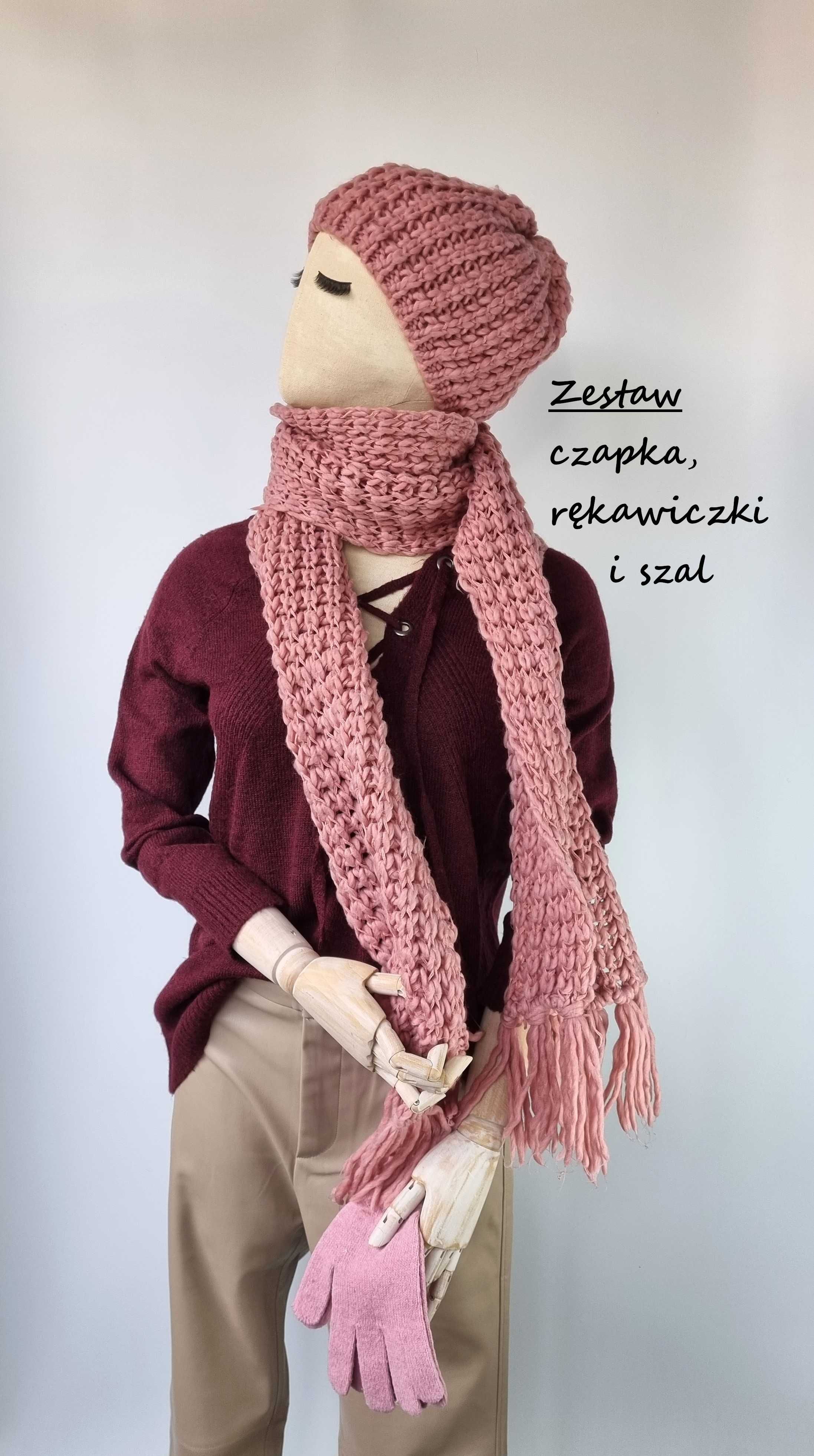 Czapka, szalik i rękawiczki o grubym splocie