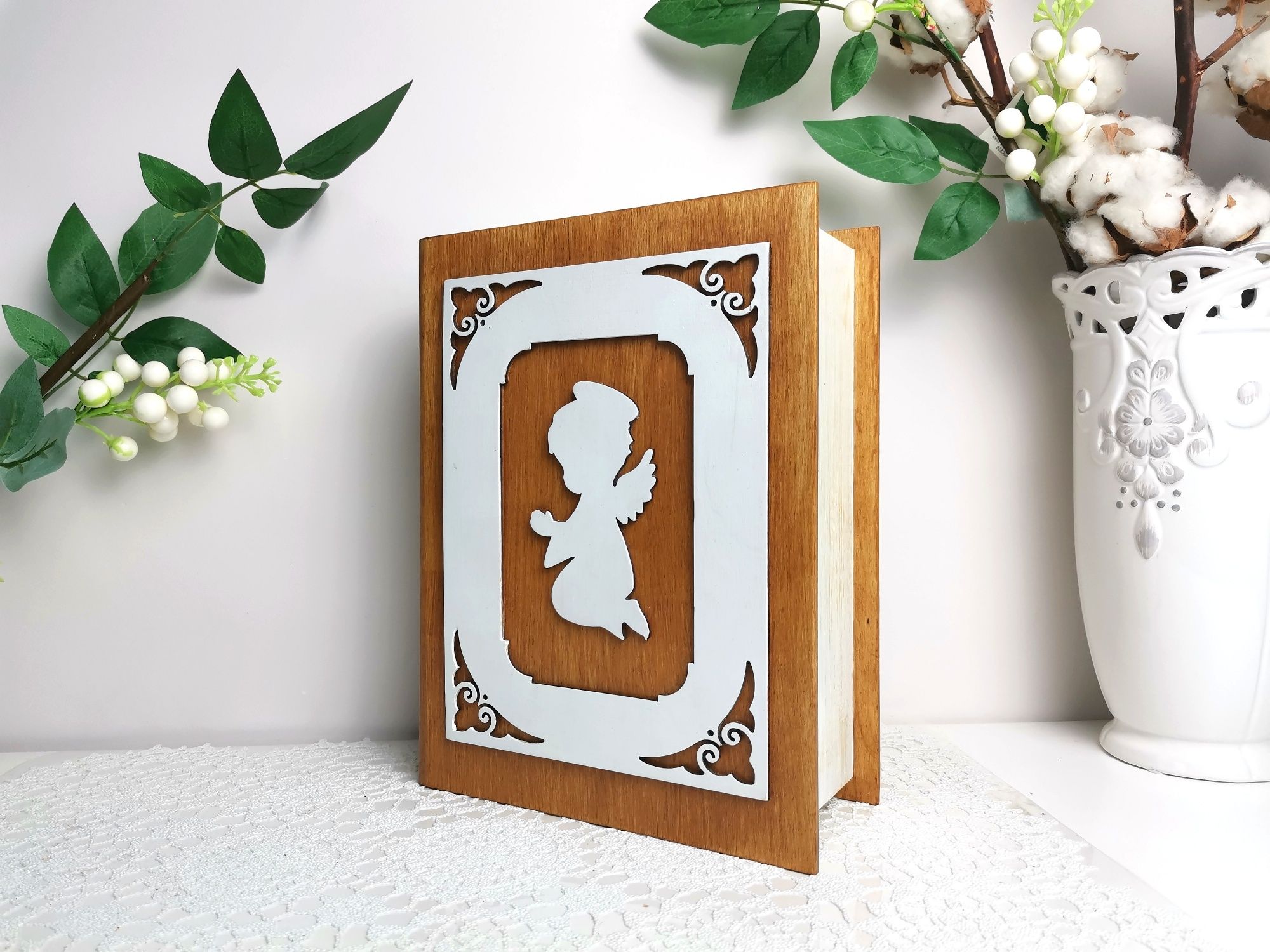 Pamiątka Pierwszej Komunii Św. Biblia pudełko drewno księga handmade