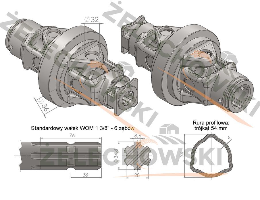 Przegub szerokokątny dwukrzyżakowy homokinetyczny 1175Nm trójkąt 54 mm