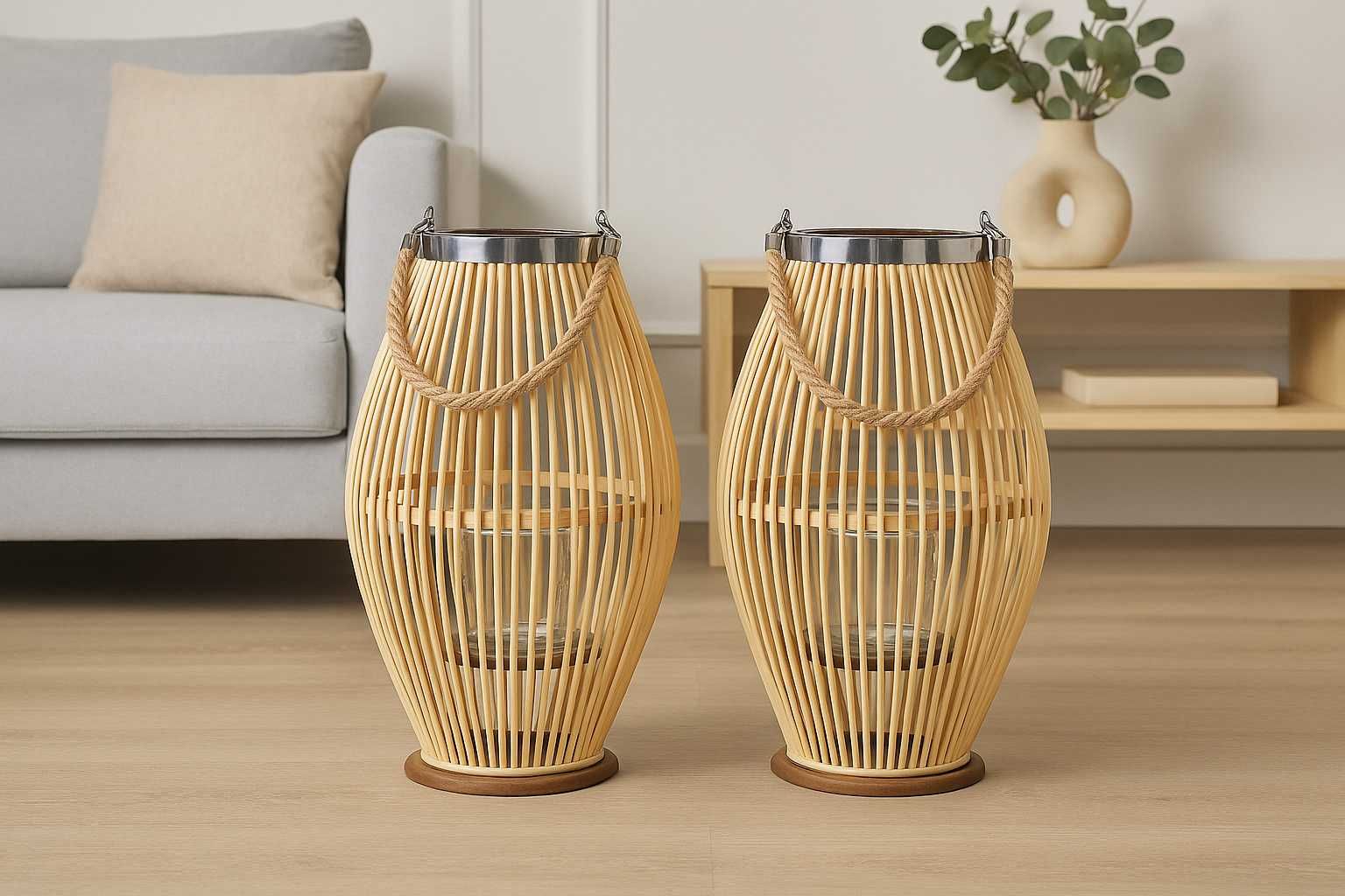 Zestaw 2x Lampion rattanowy ze szklanym wkładem–50 cm PRZEPIĘKNE !!