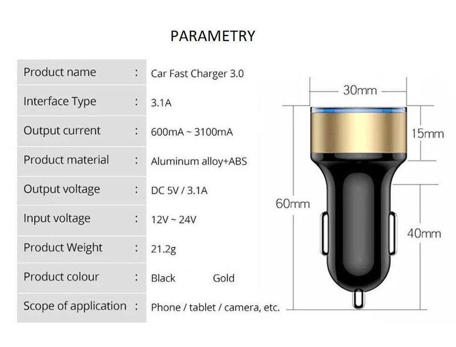 Ładowarka samochodowa 2xUSB 2.4A + 1.5A