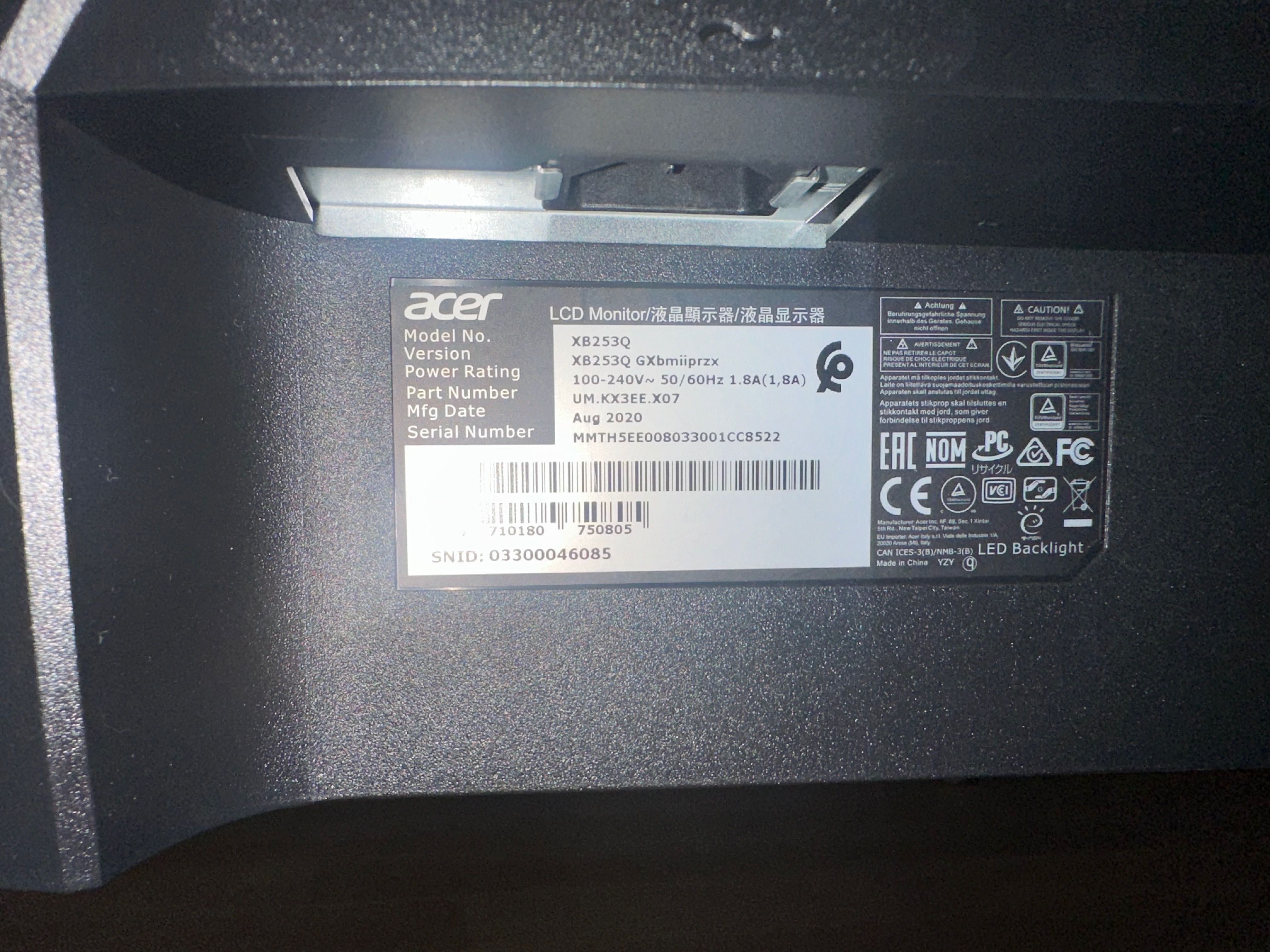Monitor Acer Predator XB253QGPBMIIPRZX czarny HDR400 240 Hz 24,5"