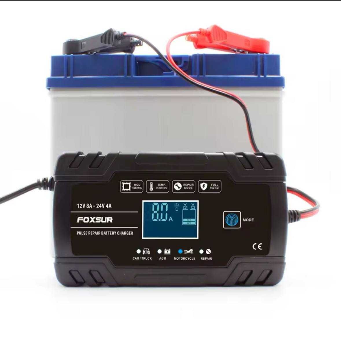 Foxsur Зарядное устройство 8A 12-24V авто мото аккумулятор автоматичес