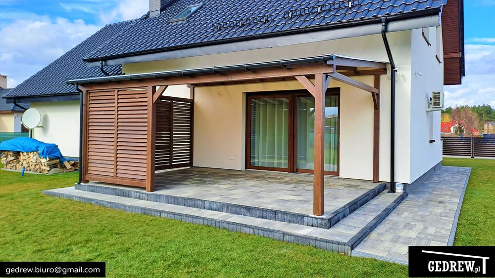 Zadaszenie tarasu pergola przyścienna żaluzje ruchome 7,5x4,4m