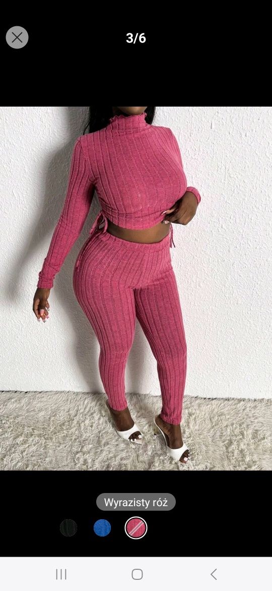 Nowy komplet damski sportowy prążkowany dres sweterkowy obcisły różowy