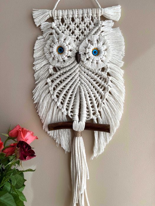 Makrama Biała Sówka - niebieski oczy