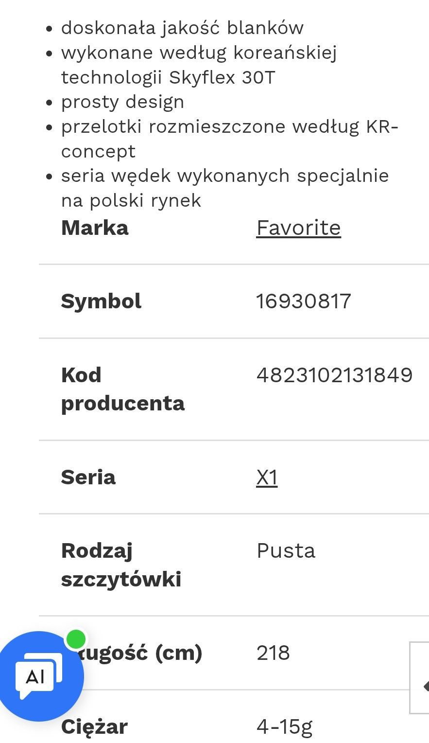 Wędka FAVORITE X1 218 cm 4-15 cw
