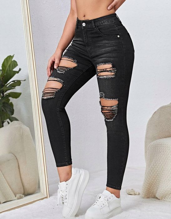 Jeansy Rurki Przycięte Z Dziurami Obcisłe Shein L