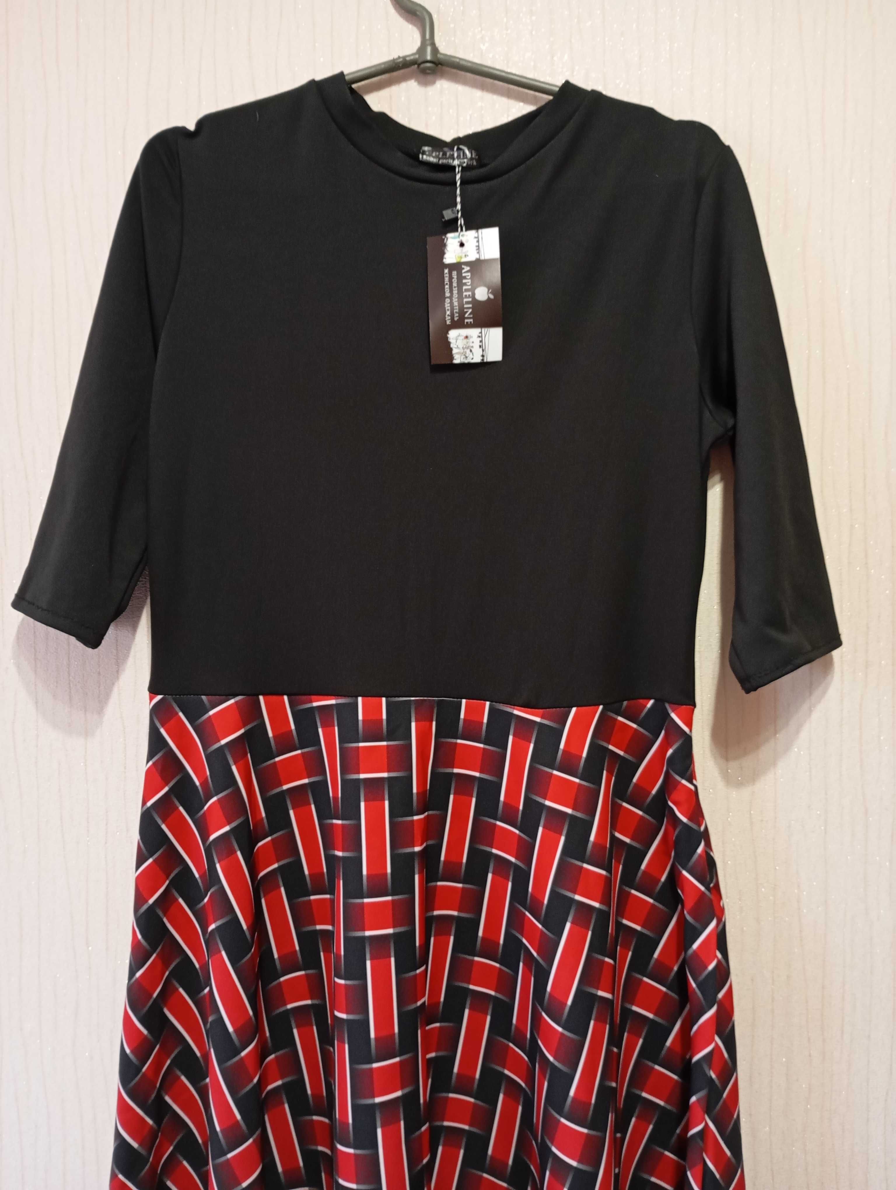 Плаття жіноче стрейч тканина, комбіноване чорне з юбкою у клітинку